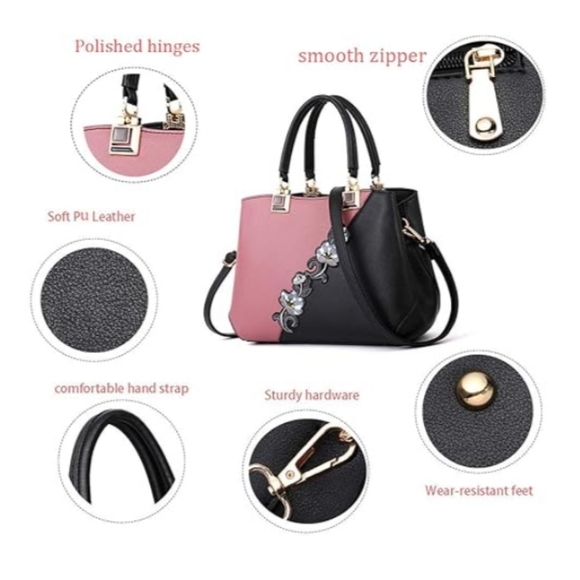 Handbag Embroidery Top Handle Satchel Fashion Shoulder Bag Tote Purse Black Pink - Picture 4 of 7